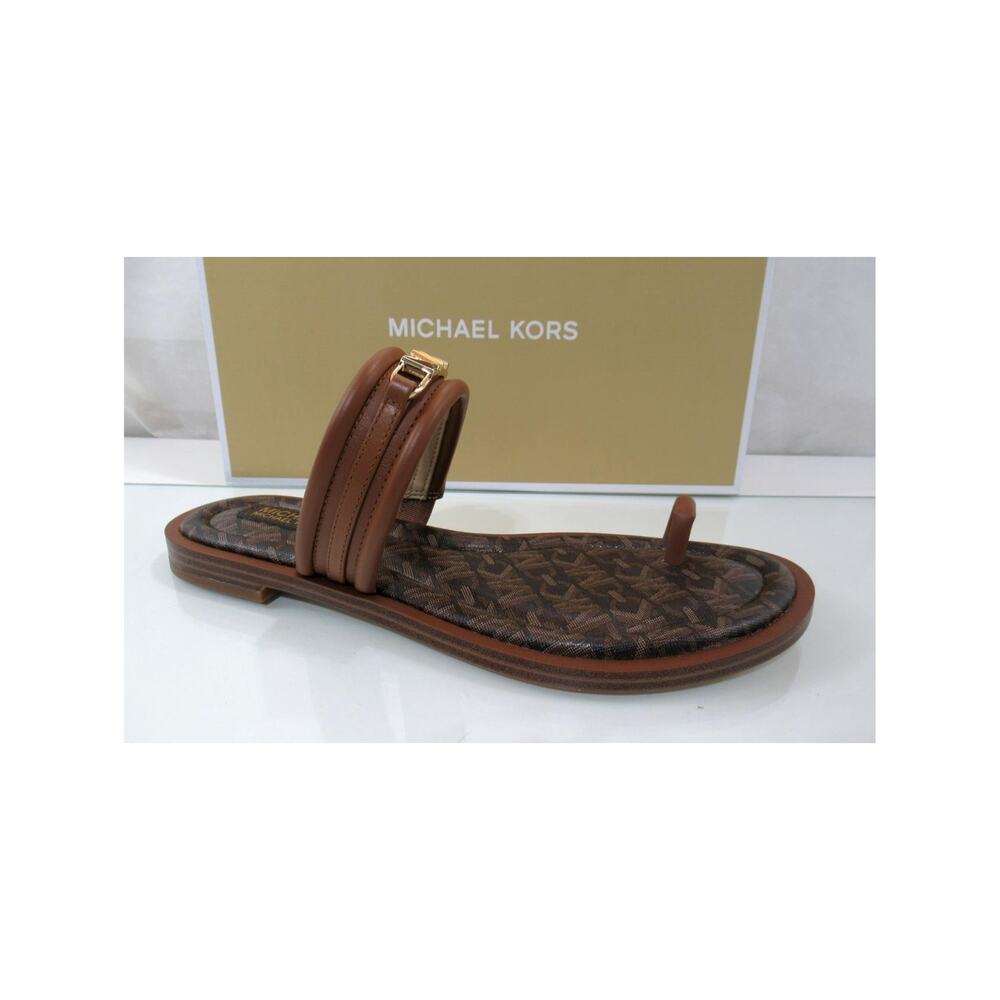 Michael Kors Veronica Flat Thong Sandals Double Strap MK Logo Brown Size 7.5